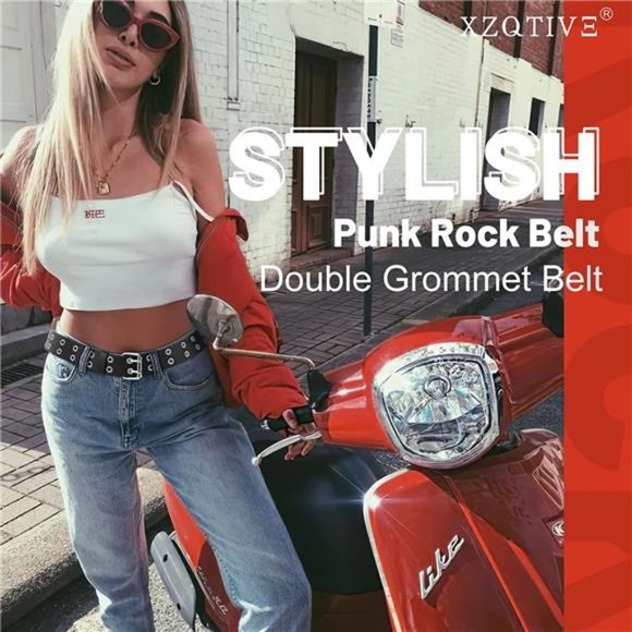 XZQTIVE Double Grommet PU Leather Belt Punk metal Jean Belt Wide 1.5 Inch main image 6